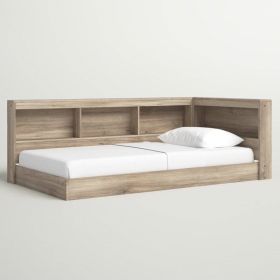 Full size Natural Wood Corner Storage Bed with Bookcase Headboard and USB Ports