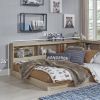 Full size Natural Wood Corner Storage Bed with Bookcase Headboard and USB Ports