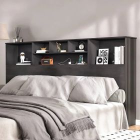 King size Bookcase Headboard in Black Wood Finish with LED Lights